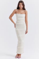 Solana – Elfenbeinfarbenes Maxikleid mit Paillettenfalten